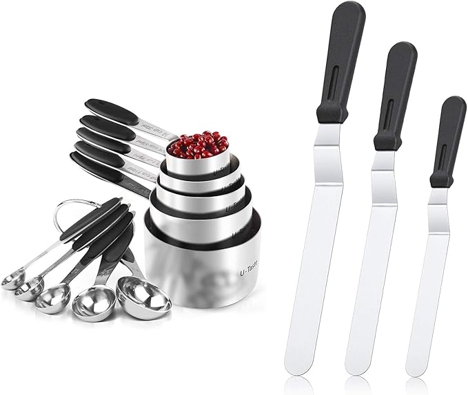 U-Taste 18/8 Stainless Steel Measuring Cups and Spoons Set of 10 and Stainless Steel Offset Icing Spatula Set (Black)