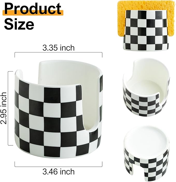 Checkered Kitchen Sink Sponge Holder, Dish Sponge Rack Ceramic Brush Holder Farmhouse Kitchen Drying Rack for Brush, Scrubbers, Bathroom, Sink, Black and White