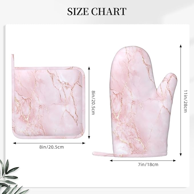 Oven Mitts and Pot Holders Light Pink Marble Art Silicone Kitchen Accessories Set of 4 Heat Resistant Long Gloves Potholder Non-Slip Grip for Chef Cooking Baking Grilling BBQ