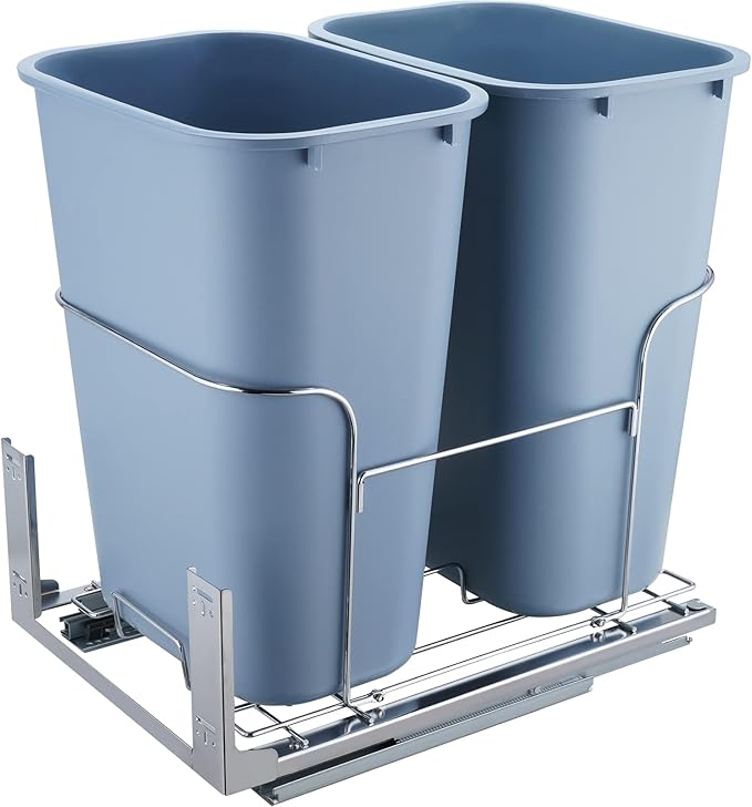 VEVOR Pull-Out Trash Can, 35L Double Bins, Under Mount Kitchen Waste Container with Soft-Close Slide and Door Mounting Kit, 110 lbs Load Capacity Heavy Duty Garbage Recycling Bin for Kitchen Cabinet
