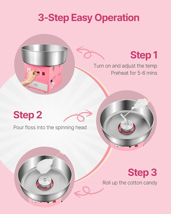 VEVOR Electric Cotton Candy Machine, 1000W Commercial Candy Floss Maker with 20.5 in Stainless Steel Bowl, Sugar Scoop, and Drawer, Easy Home Use, Perfect for Kids Birthday, Family Party, Pink