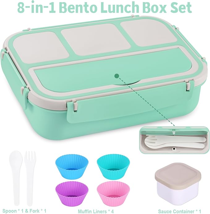 shell and turtle Bento Box Adult Lunch Box, Lunch Containers for Kids Girls Boys with 4 Compartments, Lunchable Food Container with Utensils, Sauce Jar, Muffin Liners, 40 Oz/5 Cup, Seafoam Green