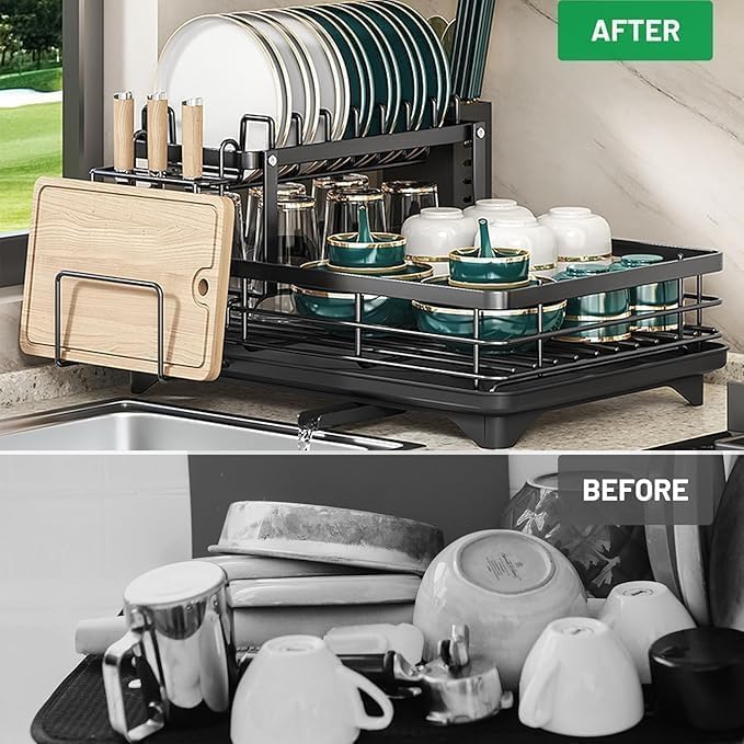 BCWW Drying Rack Dishes Stainless Steel Large Capacity 2-Tier Drying Rack Kitchen Counter Organizer with Cup Holder, Utensil & Cutting Board Storage, Space Saving (Black)
