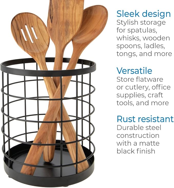 iDesign Kitchen Crock for Utensils - Steel Kitchen Crock Utensil Holder for Countertop - Matte Black