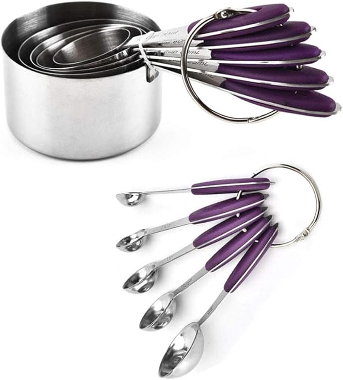Measuring Cups and Spoons Set with Silicone Handle, Set of 10 Including Stainless Steel 5 Measuring Cups & 5 Measuring Spoons. Widely Used Cooking Baking Measurement as Kitchen Gadget.