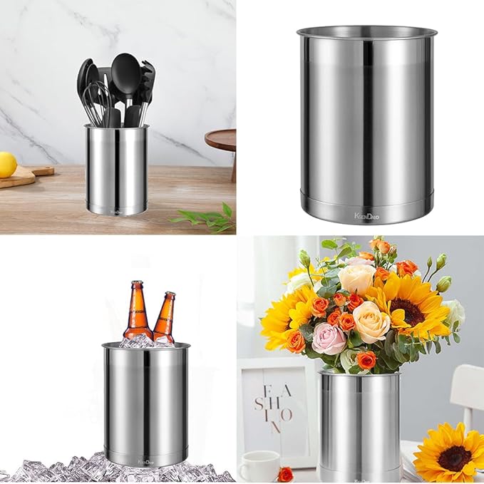 KSENDALO Utensil Crock Set, 6.6inch Cooking Utensil Holder Stainless Steel Container for Kitchen Counter,Metal Kitchen Spoon Spatula Cutlery Tool Holder Organizer, Silver (6 Pack)