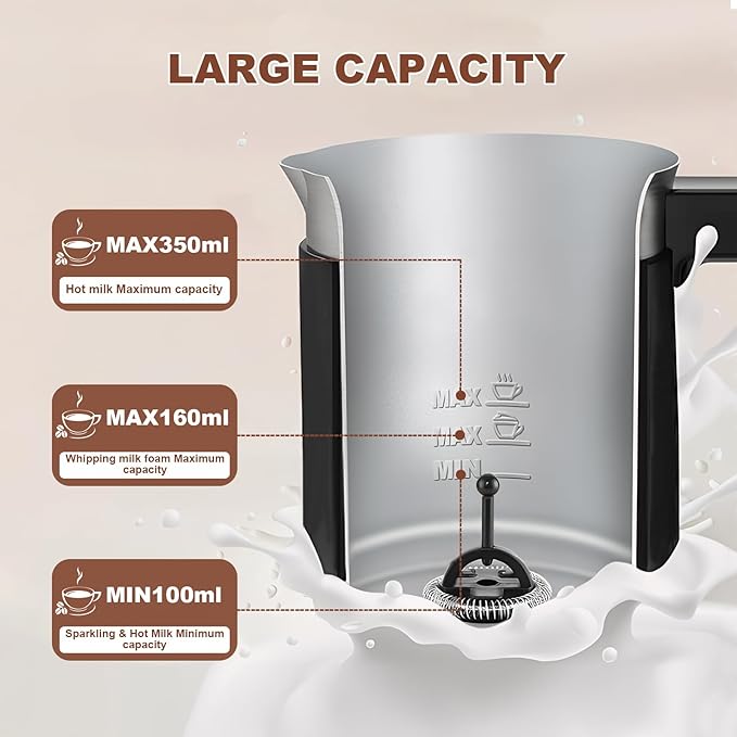 4 in 1 Electric Milk Frother Automatic Hot & Cold Foam Maker Auto Shut-Off Durable Stainless Steel Milk Frother Enjoy Perfect Milk Froth in 2 Min for Macchiato (Black-With Digital Display)