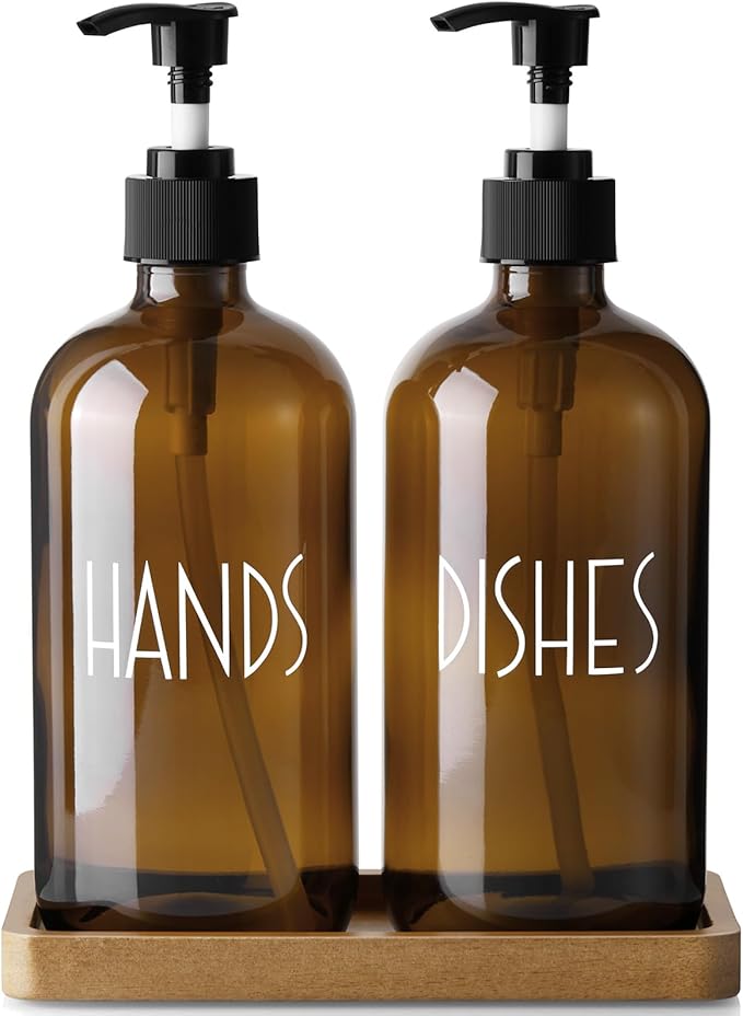 ALELION Amber Dlass Soap Dispenser for Kitchen - 16 OZ Hand and Dish Soap Dispenser Set with Acacia Wood Tray - for Kitchen Decor and Accessories