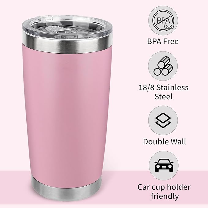 20oz Stainless Steel Tumbler Bulk with Lid, Travel Mug - Double Wall Vacuum Powder Coated Cup - Light Pink, 12 Pack