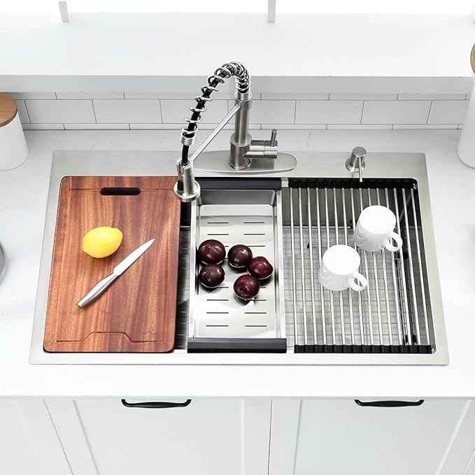 33 Inch Drop In Kitchen Sink Workstation - 33 x 22 Inch Drop In Sinks 16 Gage Stainless Steel Topmount Sinks Single Bowl 10'' Deep Handmade Above the Counter sink with Cutting Board& Strainer