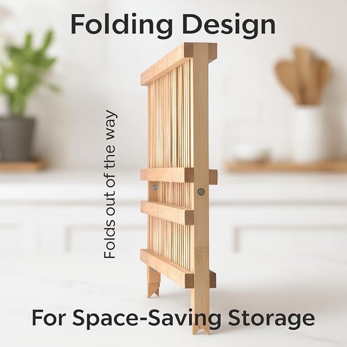 HIC Kitchen Bamboo Folding Dish Drying Rack, 20.5 x 13-Inches