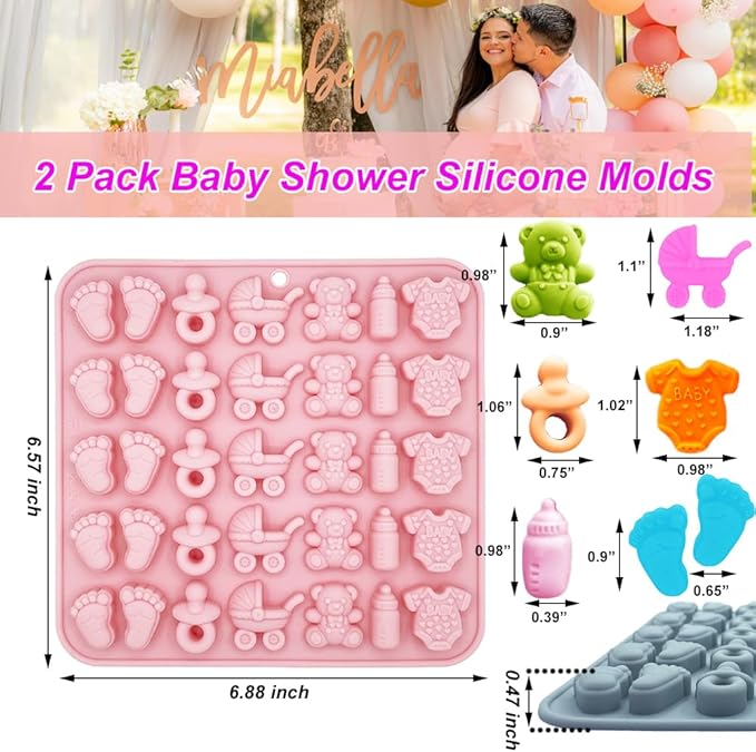 2 Pack Baby Shower Molds Silicone, 35 Cavity Baby Feet Molds with 3D Bottle Pacifier Onesie Carriage Bear Patterns for Baby Shower Party, Birthday, Candy, Chocolate, Cake Decorations Cupcake Topper