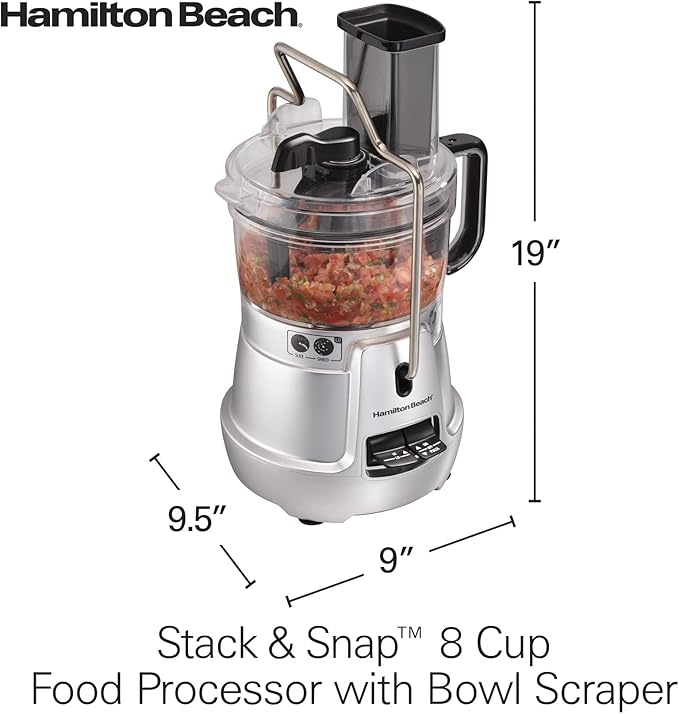 Hamilton Beach Stack & Snap 8-Cup Food Processor & Vegetable Chopper with Adjustable Slicing Blade, Built-in Bowl Scraper & Storage Case, Silver (70820)