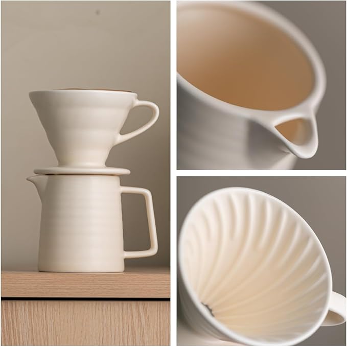 Pour Over Coffee Maker,Ceramic Coffee Maker With 40 pcs Paper Filter，15oz/450ml Pour Over Coffee Dripper (White, V02)