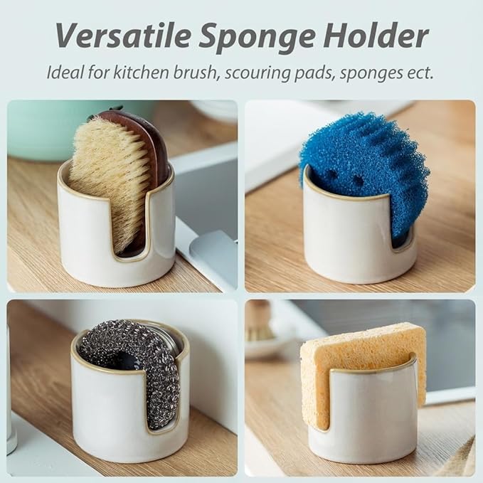 Sponge Holder for Kitchen Sink, Ceramic Dish Sponge Drying Caddy Scrubby Daddy Kitchen Organizer Cute Dish Rack for Sink Counter, Beige White