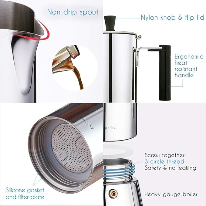 Easyworkz Pedro Stovetop Espresso Maker 4Cup 200ml, Bundled Espresso Steaming Pitcher Stainless Steel 20 oz Coffee Frothing Picther Milk Jug Cappuccino Latte Art Cup, Black