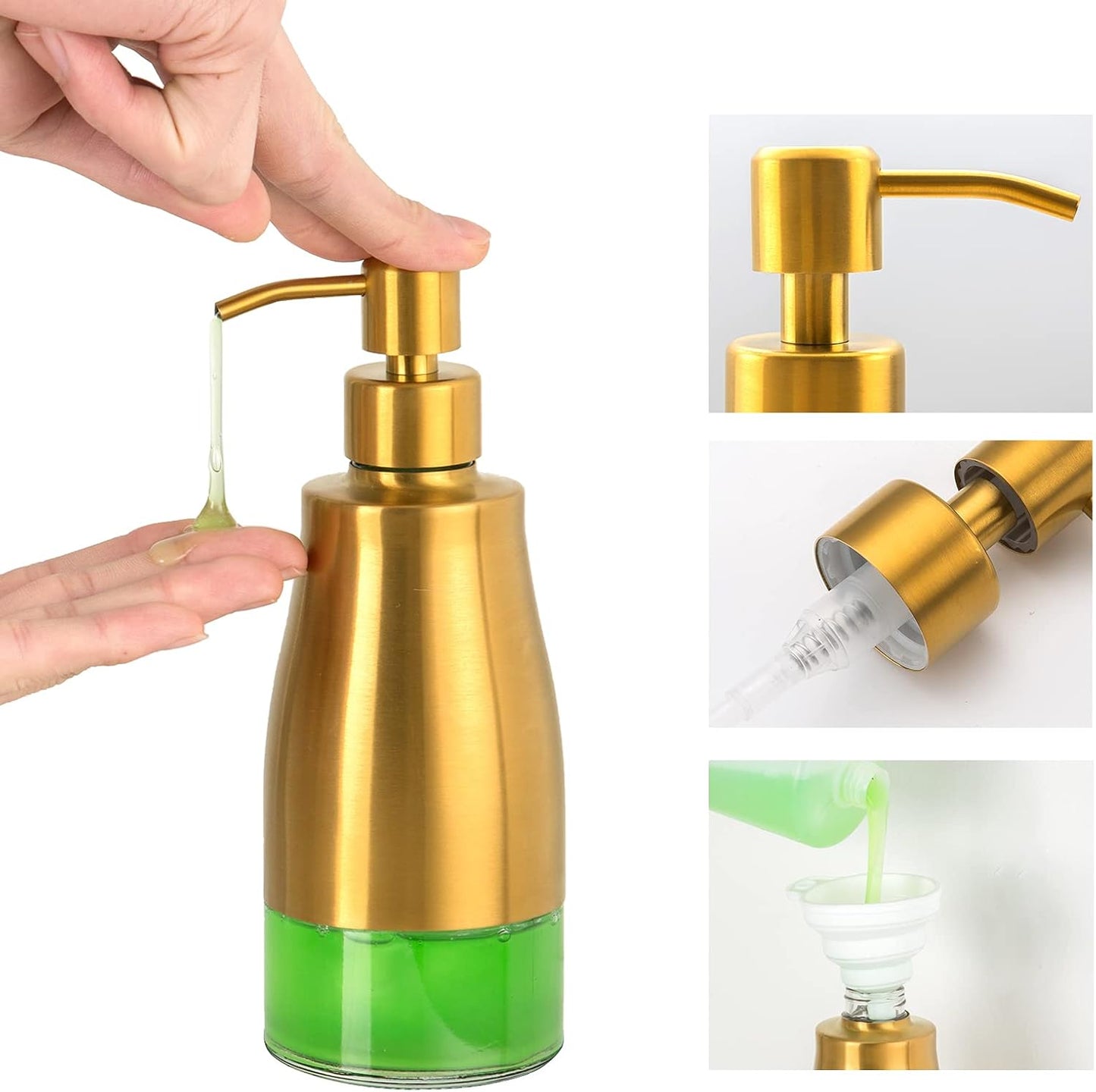 Soap Dispenser with Coaster and Stickers, Brushed Gold Stainless Steel Glass Hand Pump Dispenser, Anti Rust Bottle, for Kitchen & Bathroom Detergent Bottle，Refillable Hand Liquid Dispenser