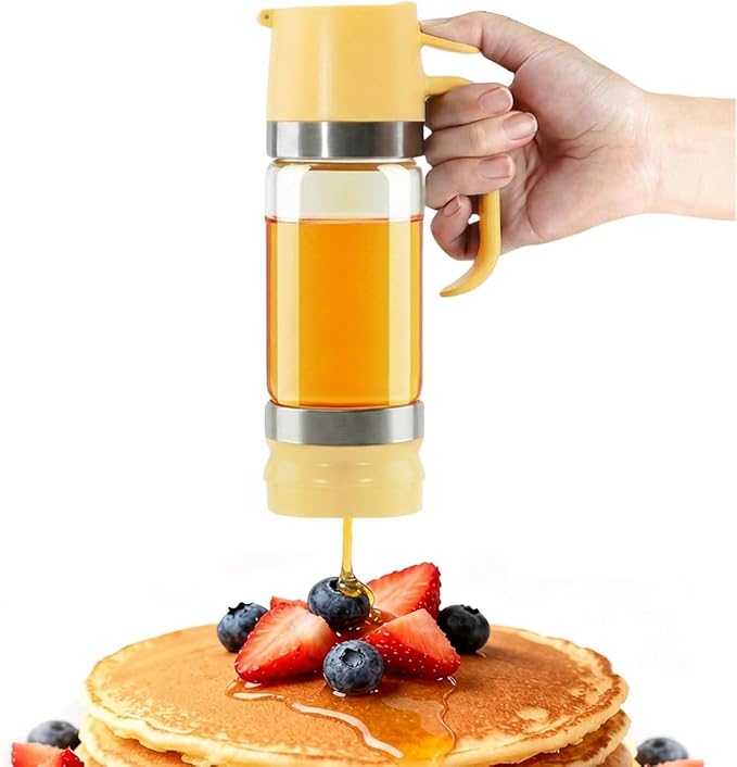 Aelga Honey Dispenser, Honey Dispenser No Drip 12 oz Glass Honey Jar with Handle, Easy Pour Syrup Dispenser for Coffee Bar, Tea & Kitchen Accessories (Yellow)