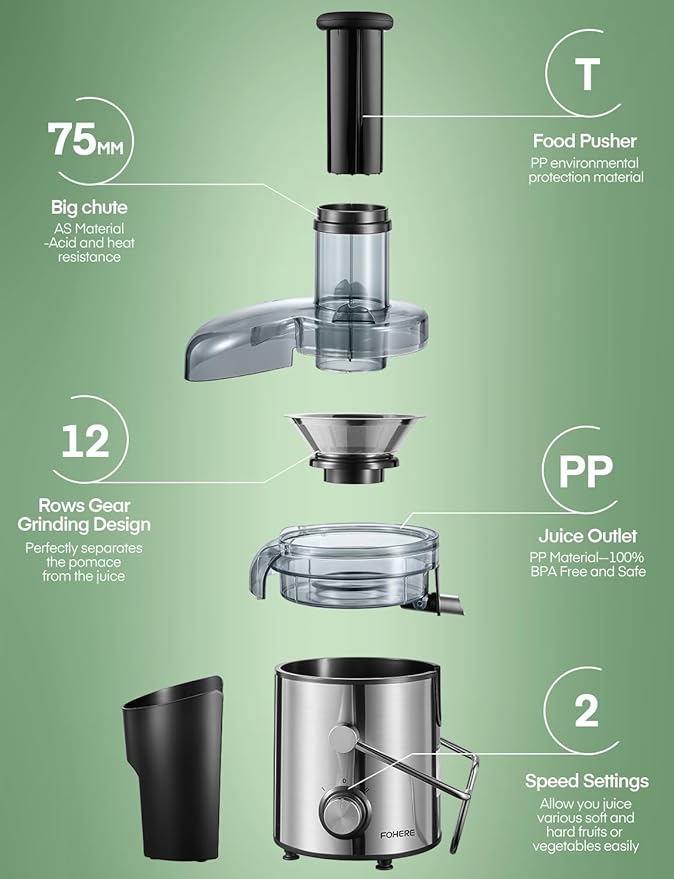 Juicer Machines, FOHERE 1000W Juicer Whole Fruit and Vegetables, Quick Juicing Easy to Clean, 75MM Large Feed Chute, Dual Speed Setting and Non-Slip Feet, Silver