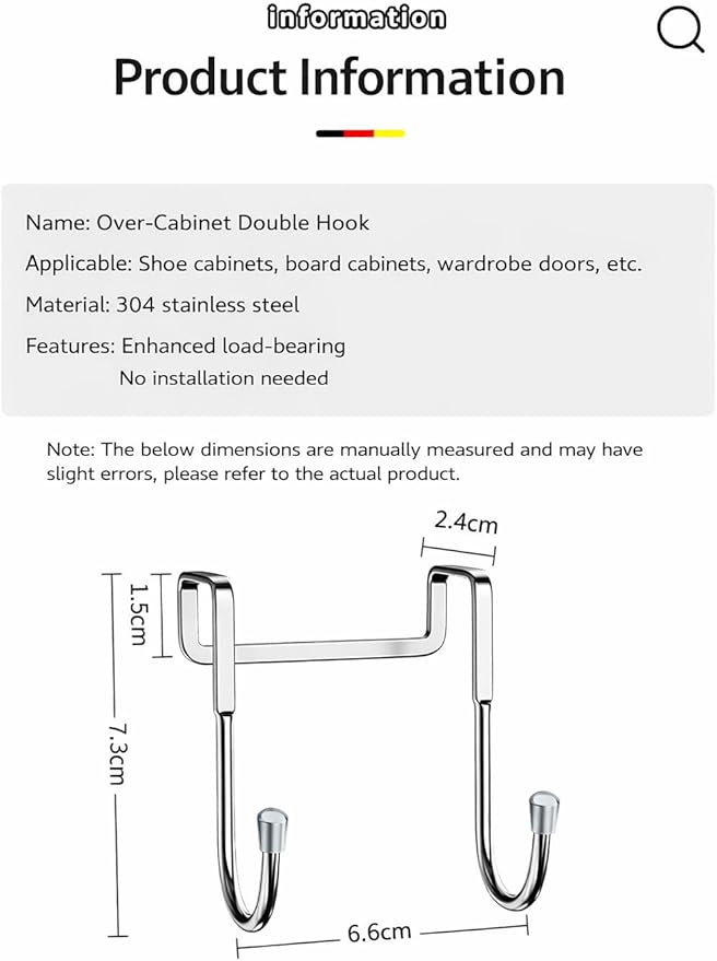 304 Stainless Steel Over Door S Hooks, Heavy Duty Double Hooks, No Drill Cabinet & Door Hooks for Kitchen, Bathroom, Closet, Towel & Bag Hanger, Rustproof, 4 Pack