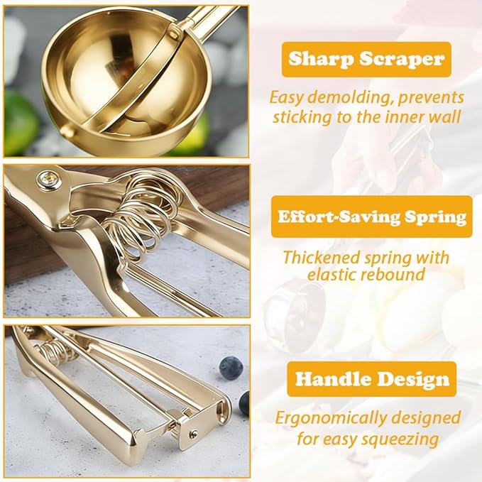 Gold Ice Cream Scoop 304 Stainless Steel Cookie Scoops for Baking Melon Baller with Trigger 3 Sizes (Gold, S)