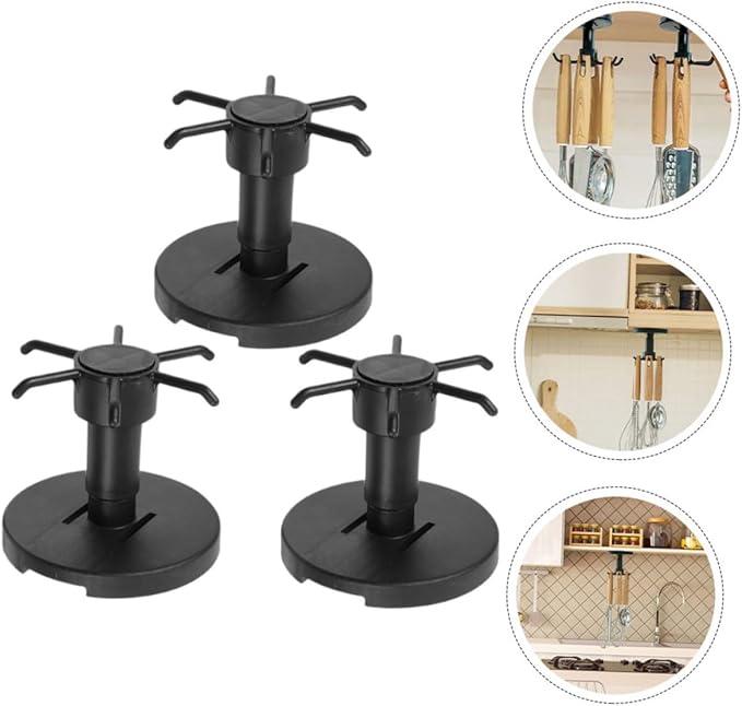 Lurrose 3pcs Rotating Kitchen Utensil Hooks Set, Black Metal Hanging Rack for Spatula Spoon Storage, Under Cabinet Organizer for Kitchen Cooking Tools