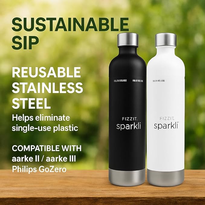 FIZZIT Spärkli 1L Stainless Steel Carbonating Bottle | Compatible with Aarke II & III, Philips GoZero & Monten Soda Makers | Reusable Sparkling Water Bottle, Dishwasher Safe, BPA-Free-Eco-Friendly