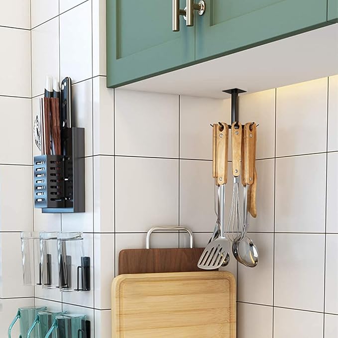 2 Pcs Under Cabinet Metal Utensil Hanger with 6 Rotatable Claws, Top and Wall Mounted Kitchen Lazy Susan for Utensils Rack Hooks Holder