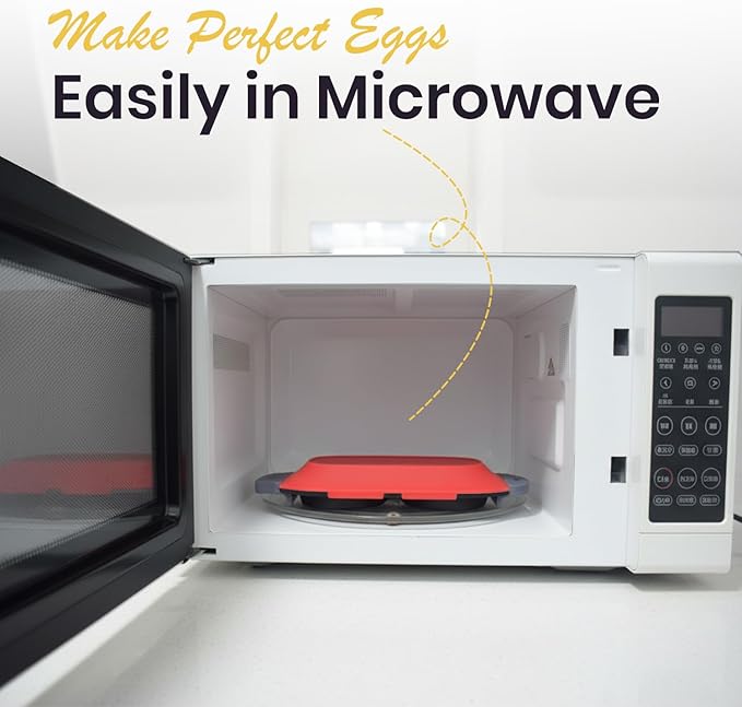 Eggssentials - Microwave Egg Cooker, Non-Stick Egg Fryer Pan with Silicone Lid, Egg Sandwich Maker and Omelette Maker for Quick Breakfast, Easy to Use and Clean, Red Color