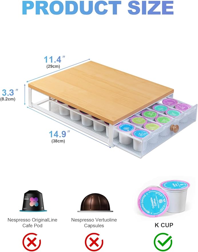 Sedegn Coffee Pod Holder Counter Coffee Vertuo Capsules Storage Organizer with Sliding Drawer Compatible For K-Cup Pods Nespresso Pods No Assembly Needed Oak Color