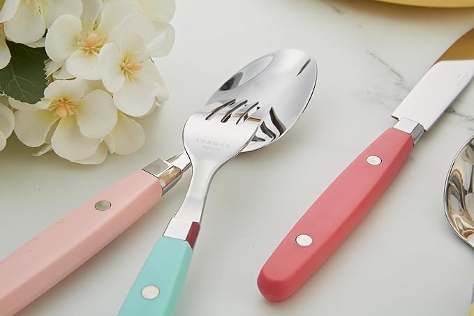 ANNOVA Silverware Set, Retro/Rivet Colorful Stainless Steel Tableware Kitchen Flatware Set Utensils, Includes Dinner Knives, Forks, Spoons, Salad Forks & Dessert Spoons (Pastel Mix, 20 Pieces)