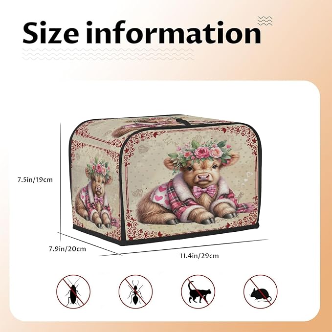 Valentine Day Highland Cow Toaster Cover 2 Slice Dust and Fingerprint Protection Toaster Bread Maker Covers Washable Kitchen Small Appliance Covers for Kitchen Accessories Decor Bakeware Women Gift