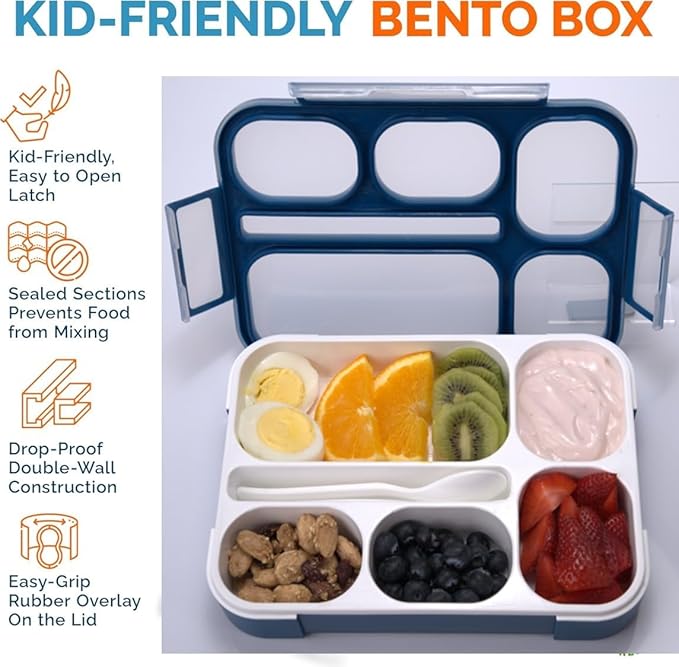 kinsho Lunch Boxes for Boys Teens Adults - Bento Box Set with Insulated Bag and Ice Pack, 6 Compartment Leak Proof Food Container, BPA-Free, Microwave Safe, Ideal for School & Work, Navy Blue