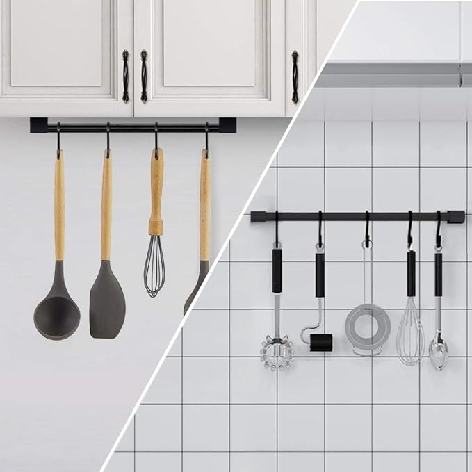 KAIYING Kitchen Utensil Rack with Removable S Hook for Hanging Pots and Pans, Rod Hooks for Mugs, Wall Mounted Kitchen Rail Organizer, Aluminum,(Black-5 Hooks)