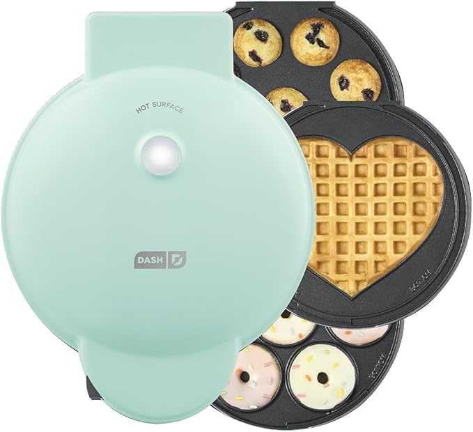 Dash MultiMaker® Treat Maker System - Make Mini Donuts, Cupcakes & Heart-Shaped Waffles - Interchangeable Plate Design - dishwasher safe Parts for Easy Cleanup - Aqua