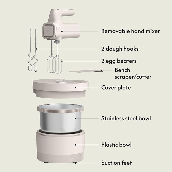 bella 3.5 Qt Hand & Stand Mixer, 2 in 1 Electric Mixer with Bowl, Dough Hook, Whisk & Egg Beater, Multifunctional Handheld Mixer for Baking, 200 Watt, Oatmilk