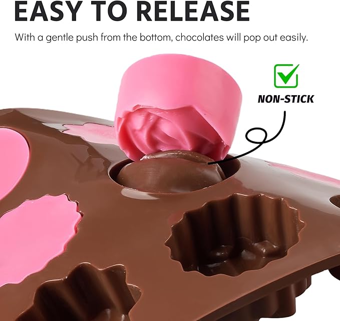 Puyeipt 4 Pcs Silicone Chocolate Molds, Non-Stick Candy Molds for Making Bite Size Chocolates, Candies, Truffles, Gummies, Jelly (Heart, Sunflower, Rose, Square, Swirl Shaped)
