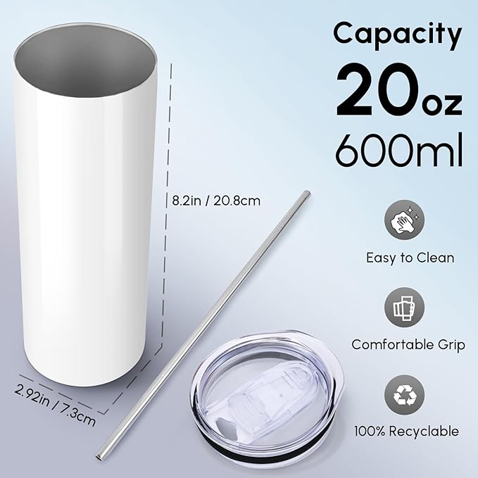 Volhoply 8 Pack Skinny Sublimation Tumblers with Lid and Straw, 20oz Stainless Steel Straight Tumbler Bulk, Vacuum Insulated Coffee Mug for Home, Office, Travel, DIY (Sublimation,8 Pack)
