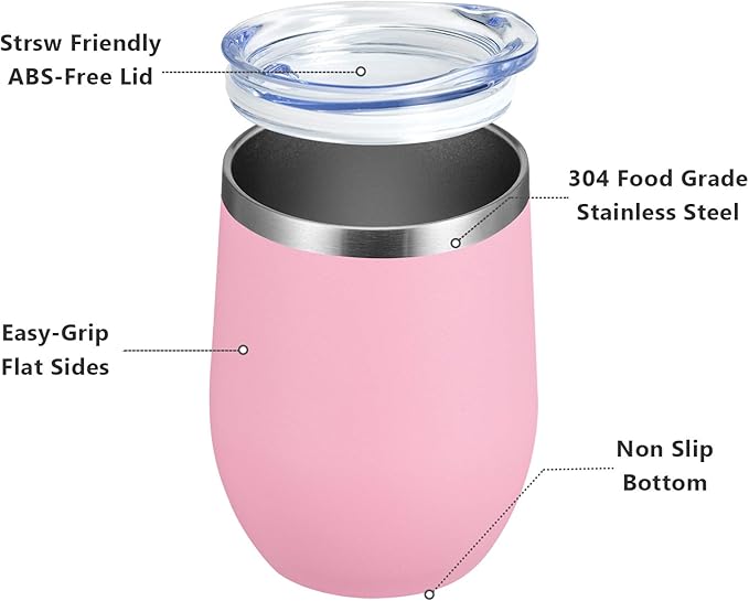 MEWAY 12oz/4 Pack Wine Tumbler Glasses with Lid - Stemless Double Wall Vacuum Stainless Steel Travel Tumbler - Keeping Cold & Hot for Wine,Coffee,Cocktails,Drinks-Family and Gifts (Pink,Set of 4)