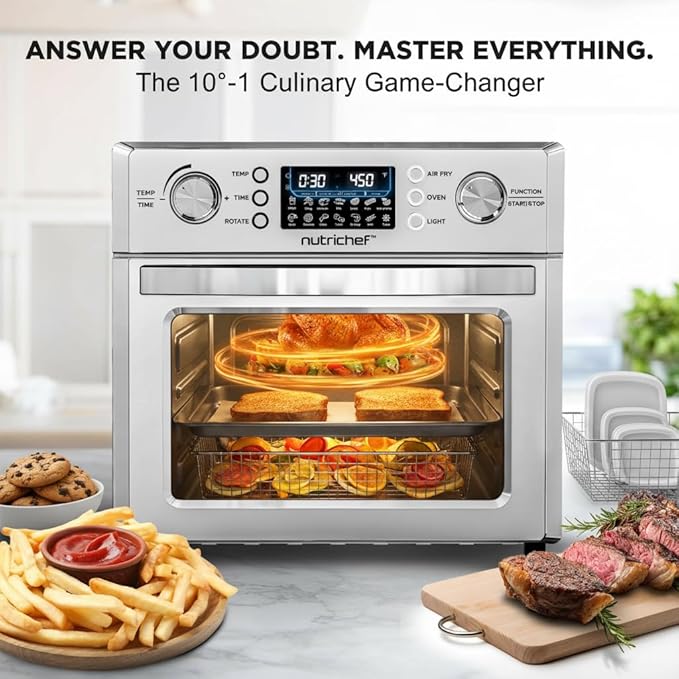 NutriChef 26L Electric Air Fryer Oven | 1700W Countertop Rotisserie & Air Fryer | 360° Rotating Feature | 10 Menu Presets | Includes Drip Tray, Air Frying Basket & Bake Rack 15x16x14 | Stainless Steel