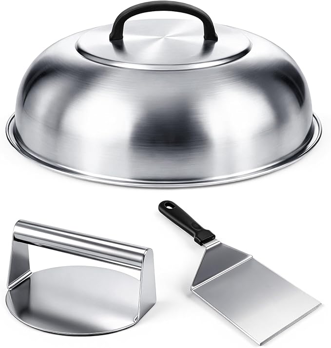 3 Pcs Smash Burger Kit 12" Cheese Melting Cover and 8.5" Burger Press with Grill Spatula Basting Cover, Stainless Steel Hamburger Turner, Melting Dome, Accessories Kit for BBQ Kitchen