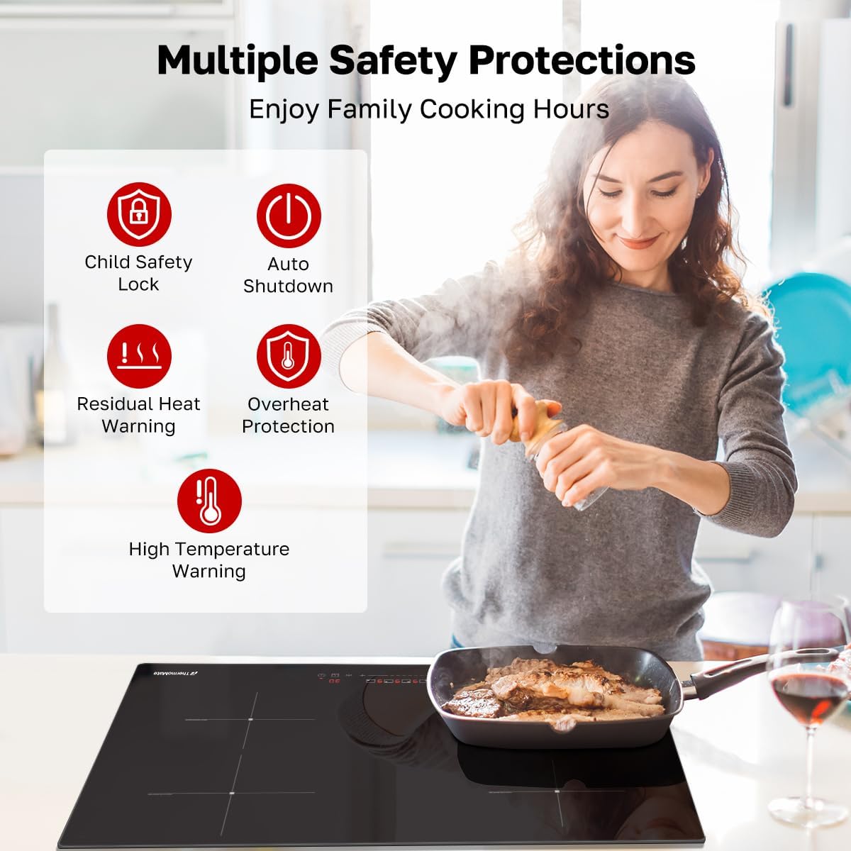 ThermoMate 30 Inch Induction Cooktop, 7200W Built in Induction Stove Top, Electric Cooktop with 4 Boost Burner, 9 Heating Level, Timer & Child Safety Lock, Sensor Touch Control, 240V