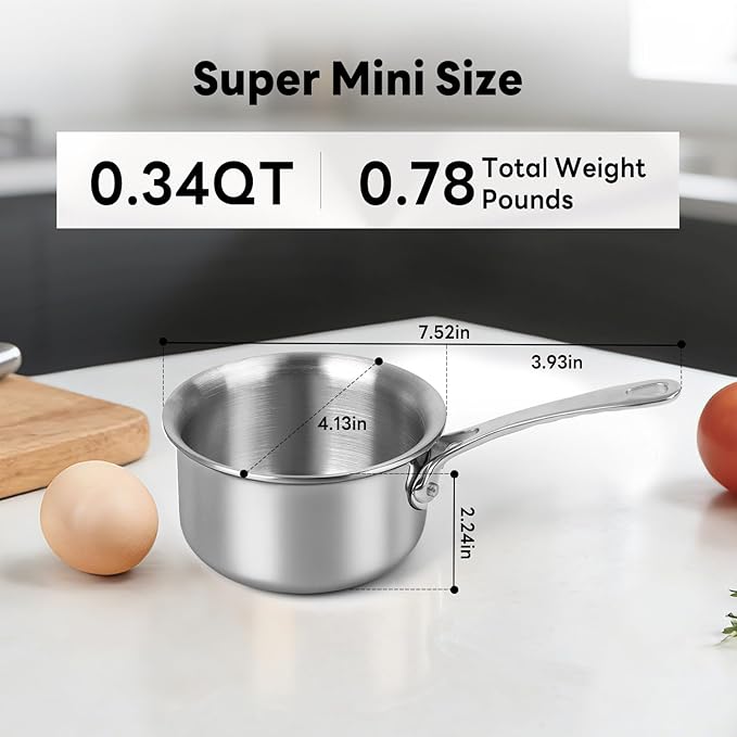 Macevia Mini Sauce Pan with Lid, Stainless Steel Butter Warmer Small Pot, For All Stoves Multipurpose Use for Home Kitchen or Restaurant (10.8oz/320ml) - Silver