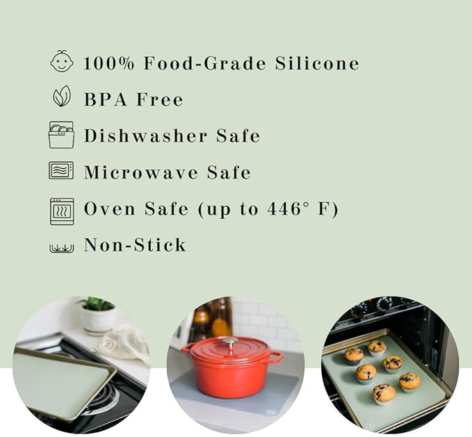 The Silicone Kitchen Reusable Silicone Oven Baking Mats Gift Set Bundle, 2 Half-Sheet, 2 Quarter-Sheet, Sage Green, Dark Gray