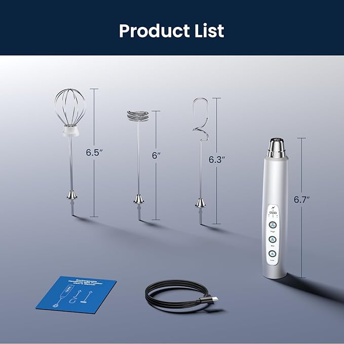 Sakgos Milk Frother Rechargeable Handheld-Electric Whisk 3 Speed Adjustable, Coffee Frother Wand with 3 Stainless Whisks, Electric Foam Maker, Drink Mixer Blender for Latte Cappuccino Matcha Egg