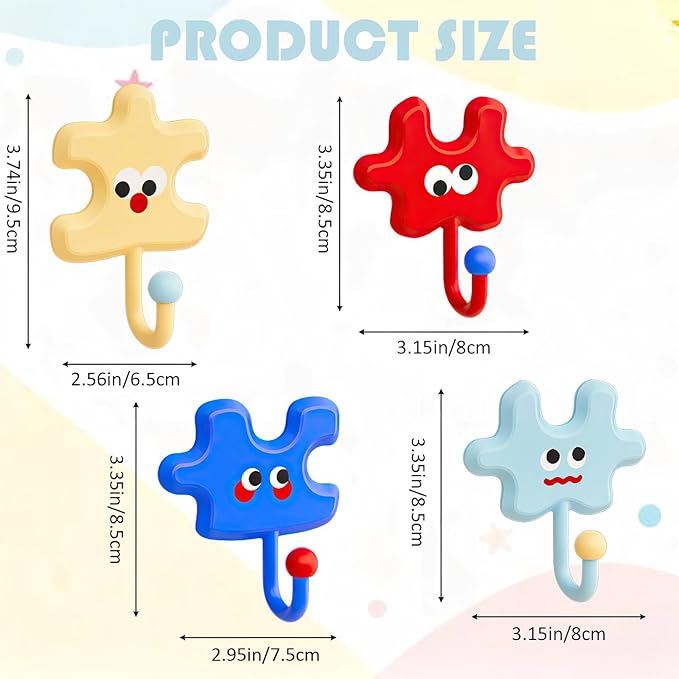 Dopamine Cartoon Puzzle Adhesive Wall Hooks, Cute Strong Hold Hooks for Bathroom Kitchen Entryway
