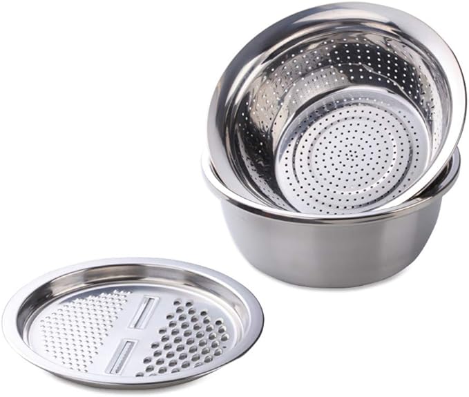 3-In-1 Multifunctional Grater Basin Colander Strainer Set, Mingcheng Stainless Steel Kitchen Grater/Drain Basket/Bottom Basin for Washing Rice, Fruits, Vegetable, Grater with Container (Silver)