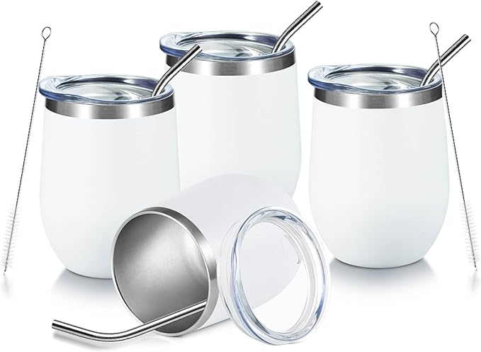 COMOOO 12oz Stainless Steel Wine Tumbler with Lid and Straw, Insulated Wine Tumbler Cup, Stemless Wine Glass Tumbler for Hot and Cold Drinks,Champagne, Cocktails, White, 4 Pack