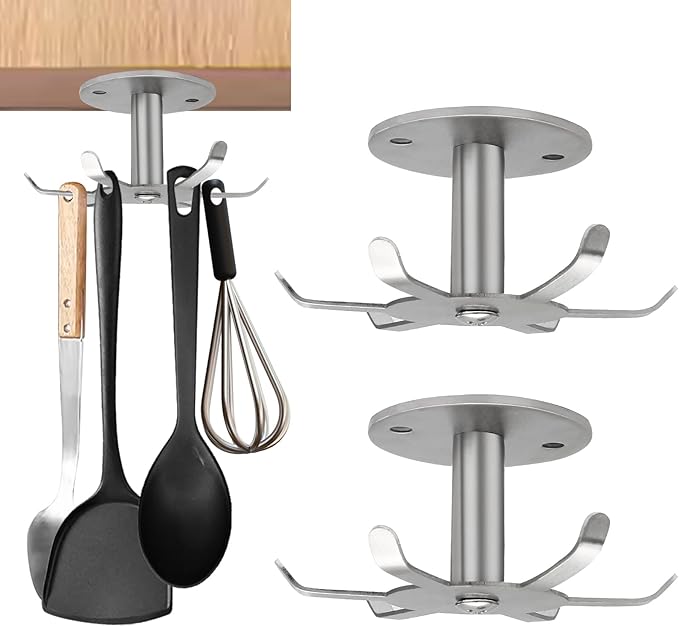 Zorfeter 2 PCS Under Cabinet Kitchen Utensil Hooks, Stainless Steel Utensil Racks 360°Rotating Drilling Free Adhesive Utensils Hanging Rack Holder, Brushed Nickel