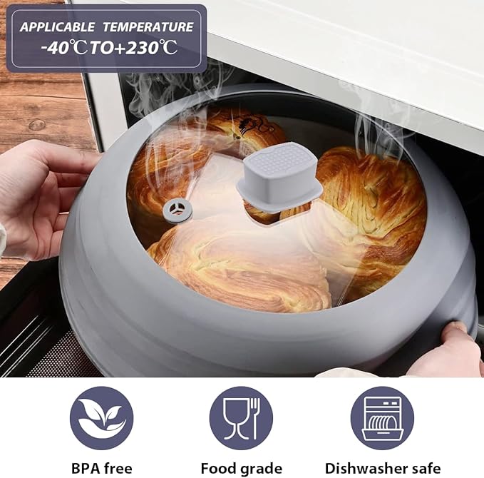 Tall Microwave Splatter Cover Glass Cover Guard Lid 6 inch Height with Collapsible Silicone for Food Pot Plate 12.5 inch Grey